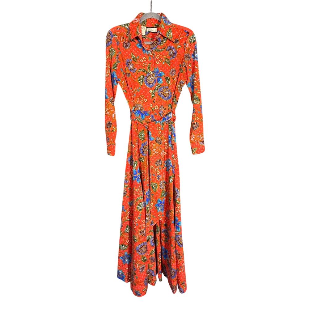 Vtg 70s Sakowitz maxi dress - long sleeve collared red floral belted boho sz S/M